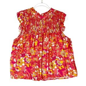 THML Womens Floral Smocked Ruffle Sleeveless Blouse Pink Orange Mod Retro Preppy